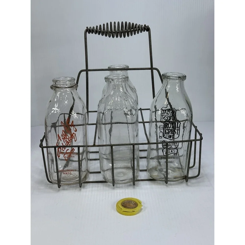 Vintage 4 Glass Milk Bottles 6 Slot Metal Carrier Crate Wire Basket Bottle 1 Lid
